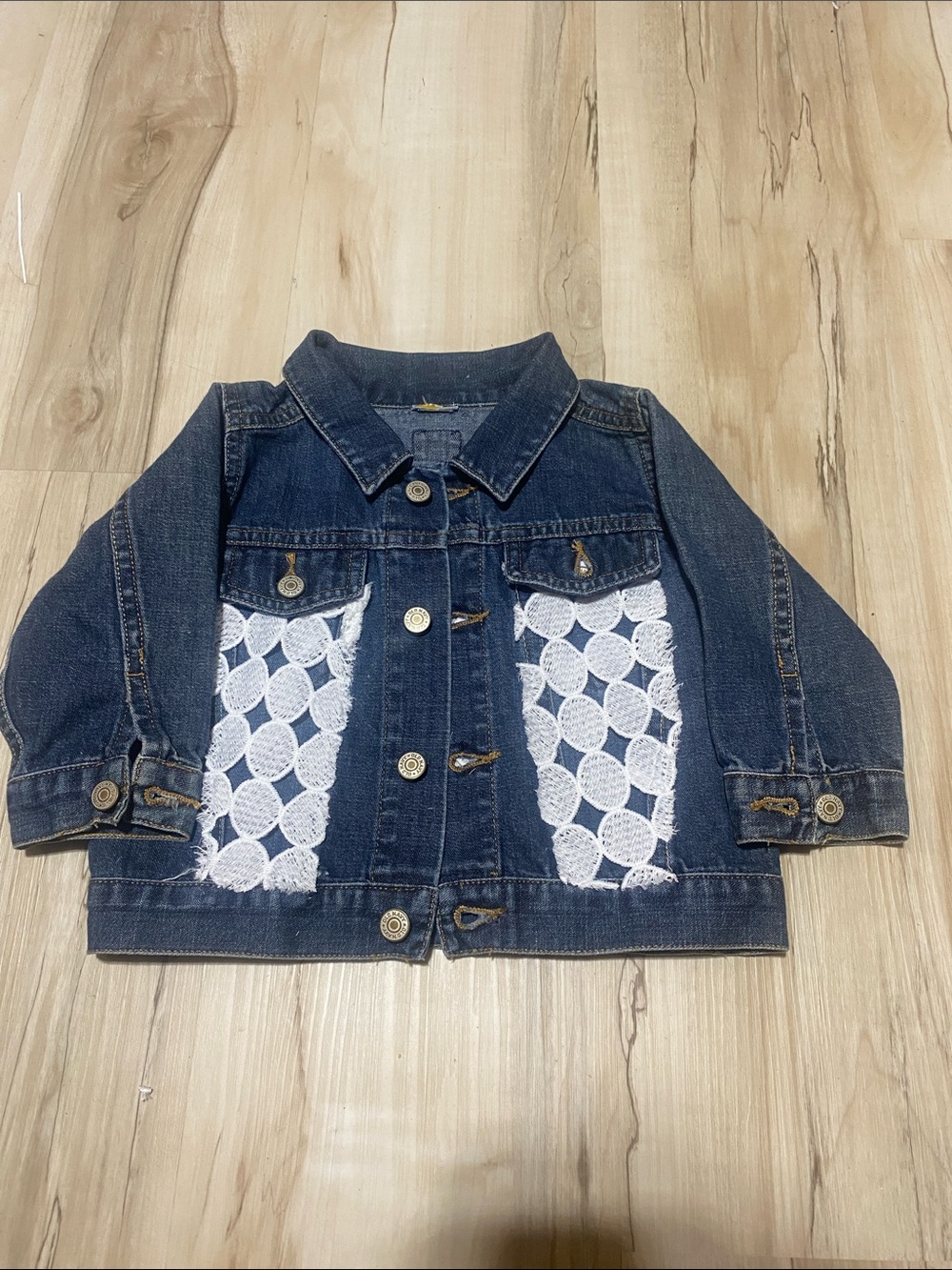 Upcycled Infant Oshkosh Denim Jacket with White Crochet Panels - Kids